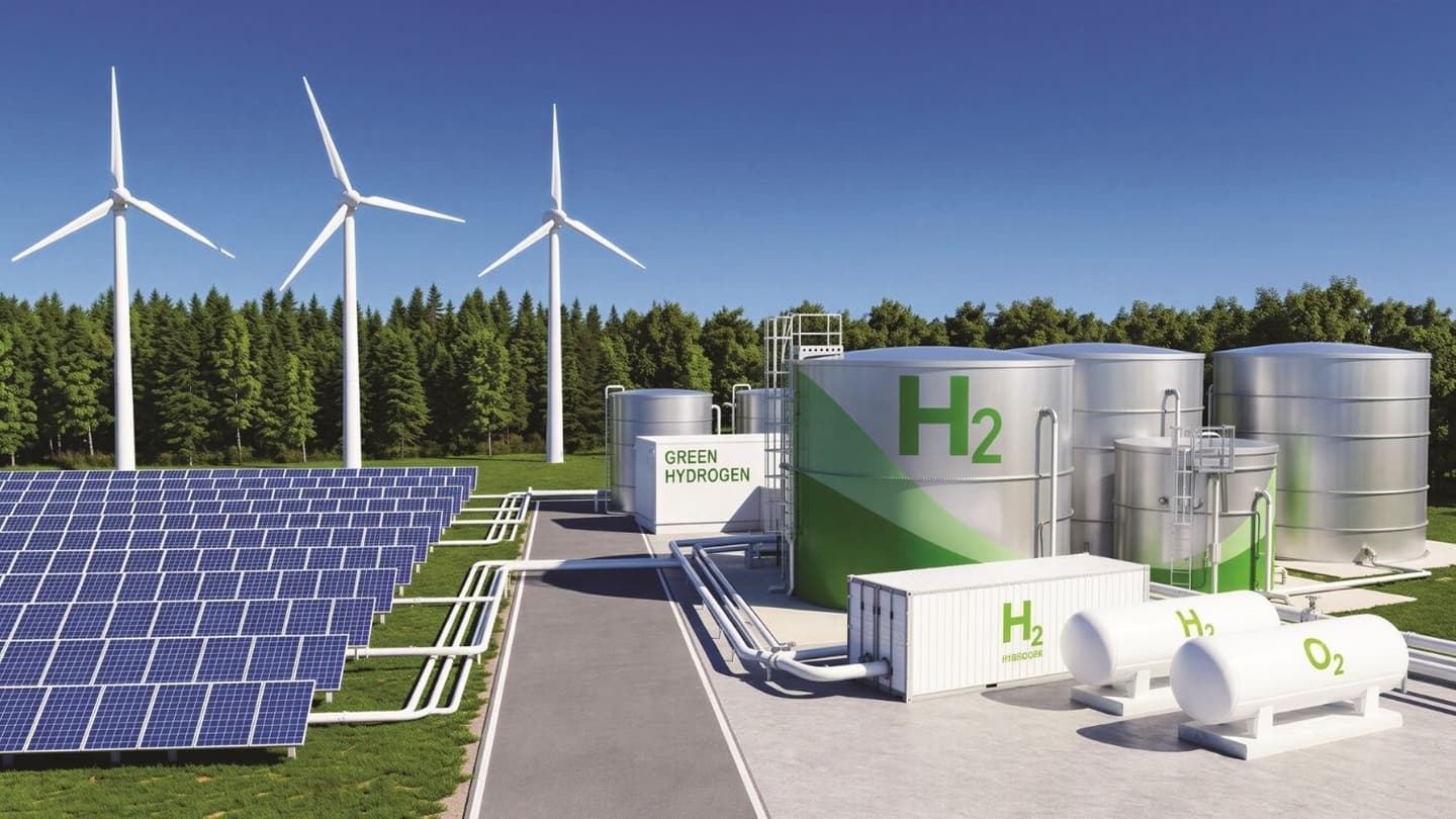 Green hydrogen facility with solar panels and wind turbines.